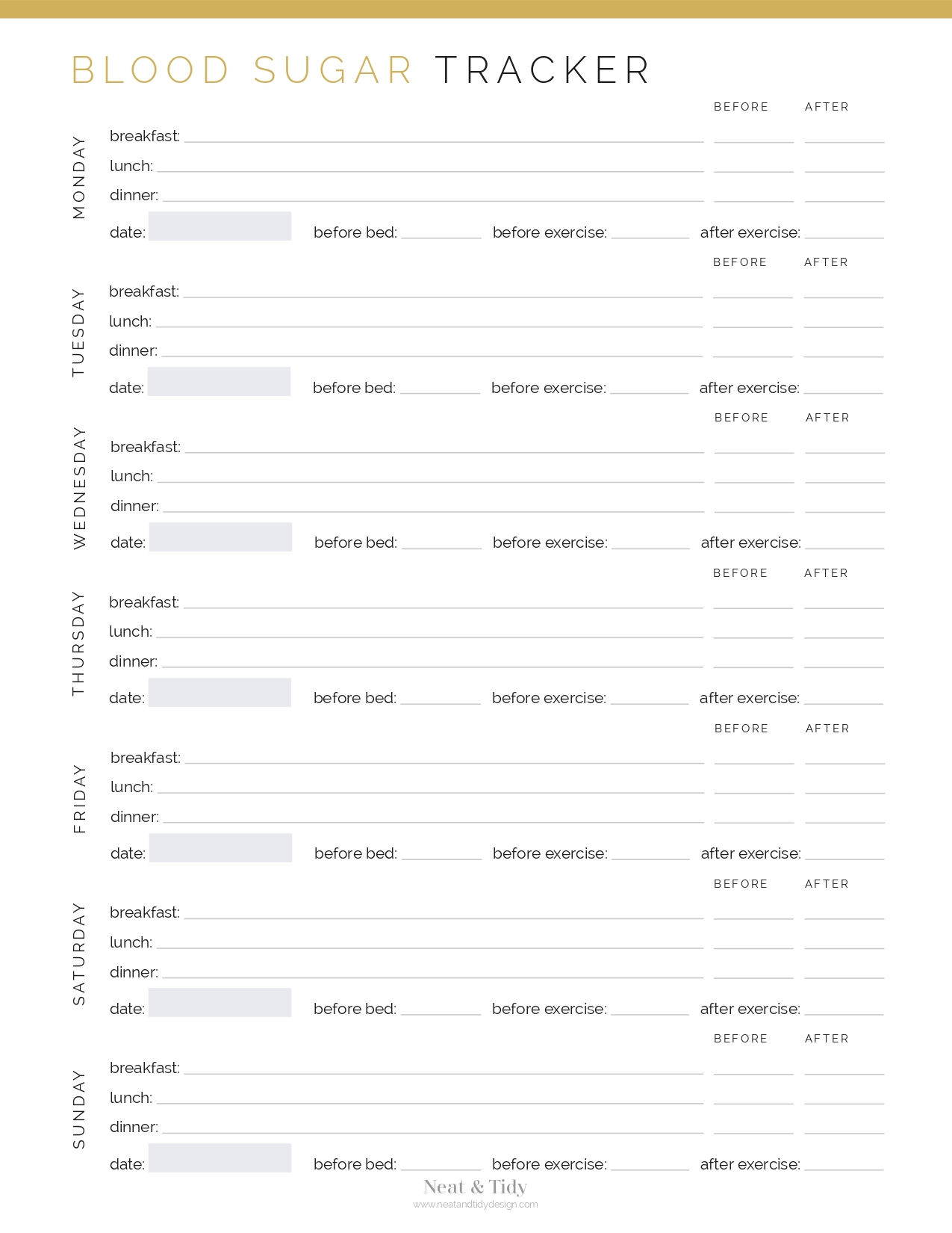 Blood sugar tracker - Neat and Tidy Design for Blood Sugar Tracker Free Printable